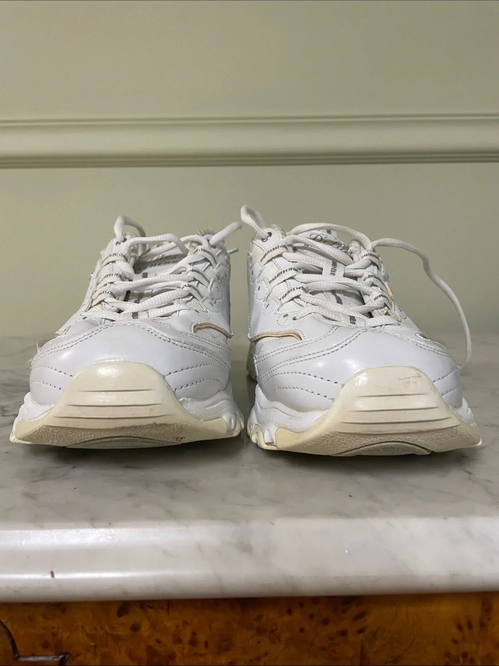 Skechers White Leather Lace-Up Sneakers with Cream Accents